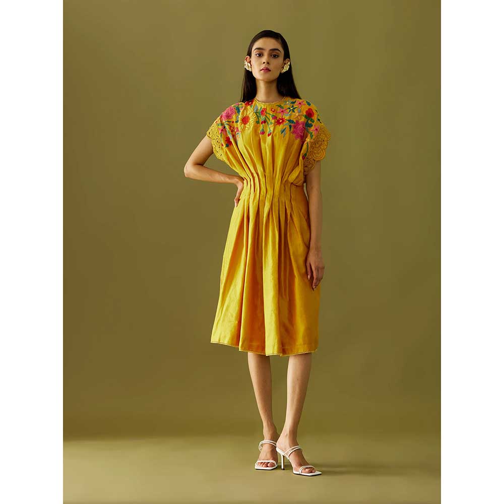 CHANDRIMA Yellow Applique Beadwork Pleated Dress