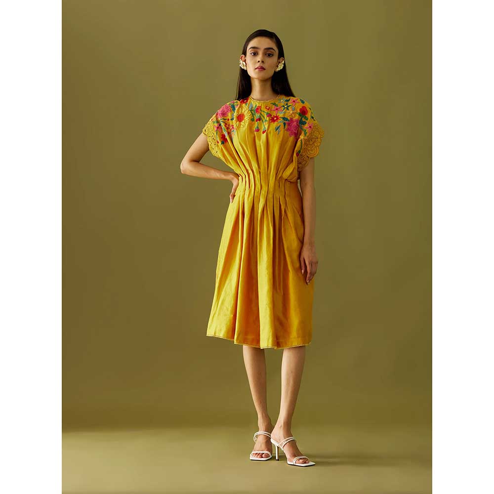 CHANDRIMA Yellow Applique Beadwork Pleated Dress