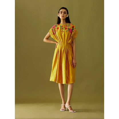 CHANDRIMA Yellow Applique Beadwork Pleated Dress