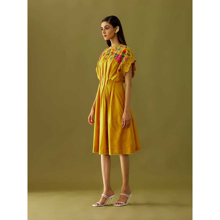 CHANDRIMA Yellow Applique Beadwork Pleated Dress