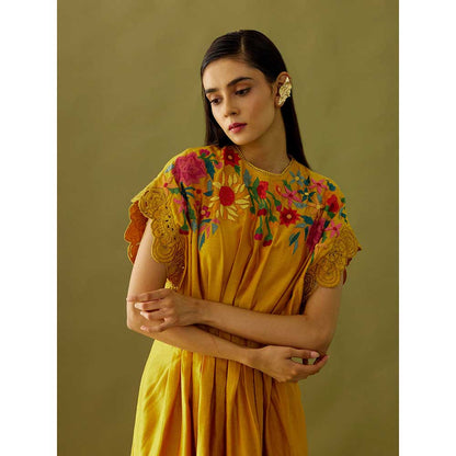 CHANDRIMA Yellow Applique Beadwork Pleated Dress