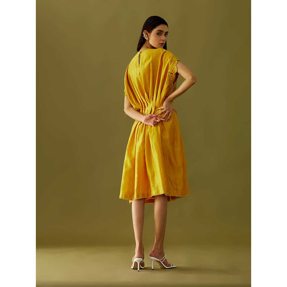 CHANDRIMA Yellow Applique Beadwork Pleated Dress