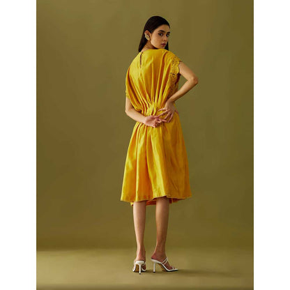 CHANDRIMA Yellow Applique Beadwork Pleated Dress