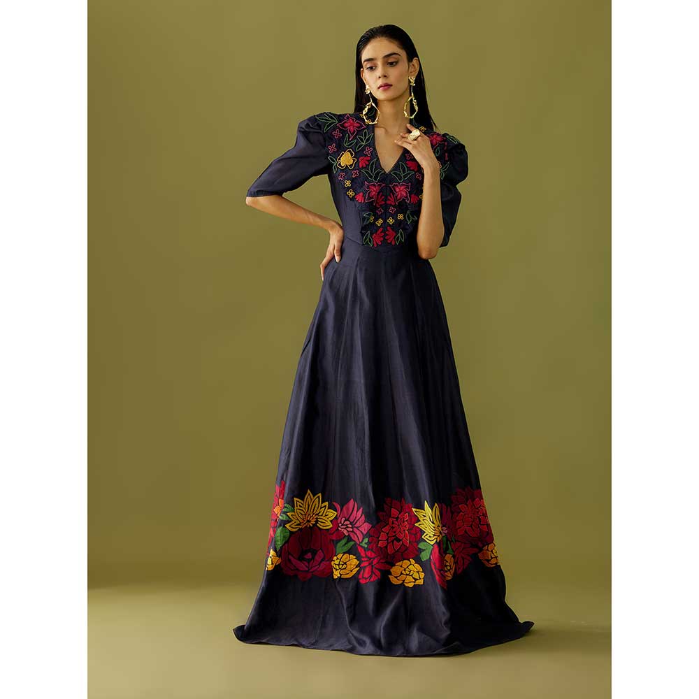 CHANDRIMA Indigo Floral Applique Maxi Dress
