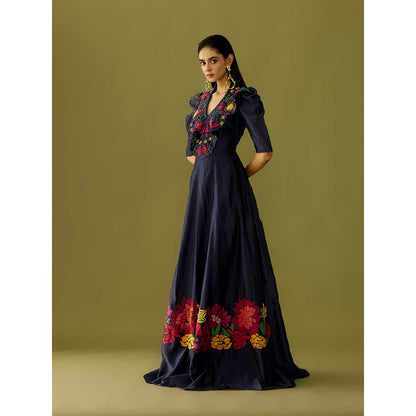 CHANDRIMA Indigo Floral Applique Maxi Dress