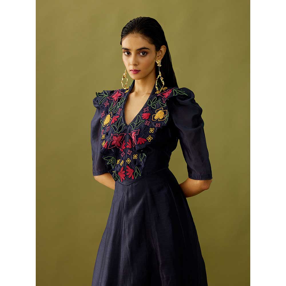 CHANDRIMA Indigo Floral Applique Maxi Dress