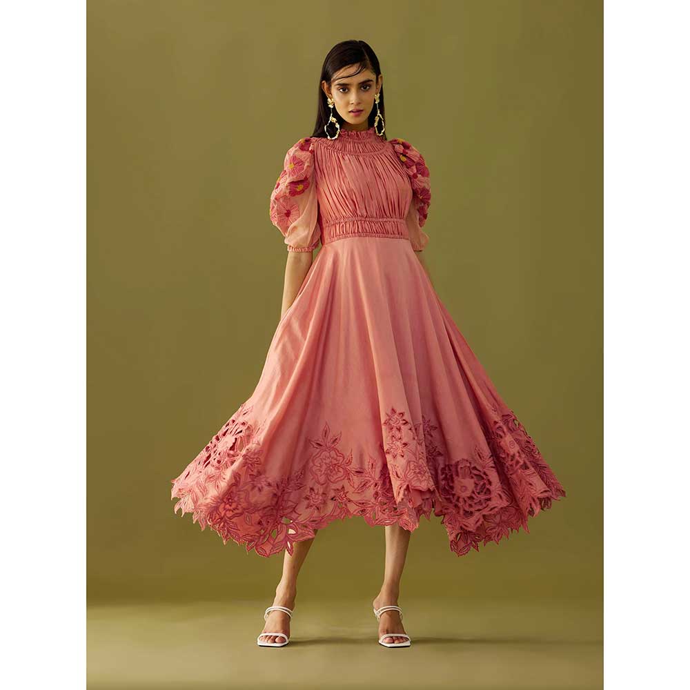 CHANDRIMA Old Rose Ruched Cutwork Dress