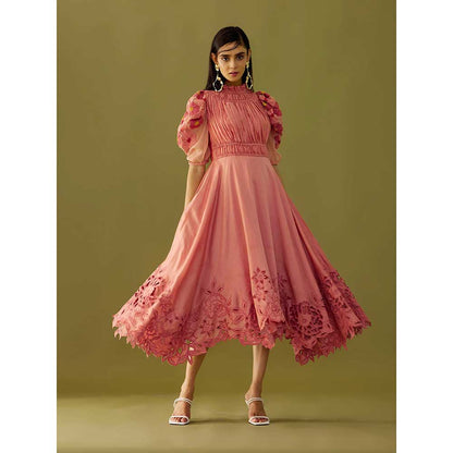 CHANDRIMA Old Rose Ruched Cutwork Dress