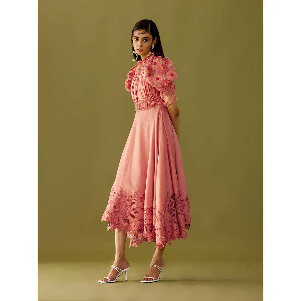 CHANDRIMA Old Rose Ruched Cutwork Dress
