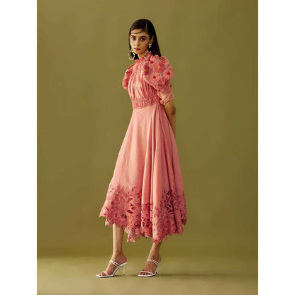 CHANDRIMA Old Rose Ruched Cutwork Dress
