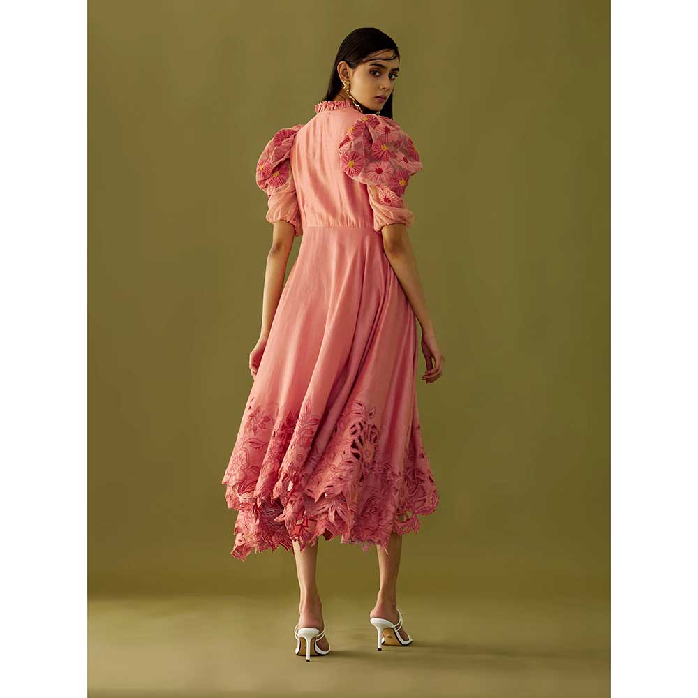 CHANDRIMA Old Rose Ruched Cutwork Dress
