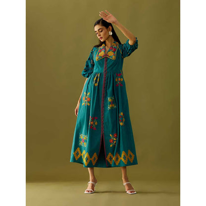 CHANDRIMA Teal Applique And Beadwork Midi Dress