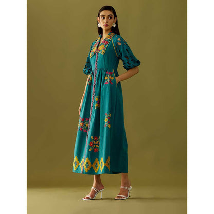 CHANDRIMA Teal Applique And Beadwork Midi Dress