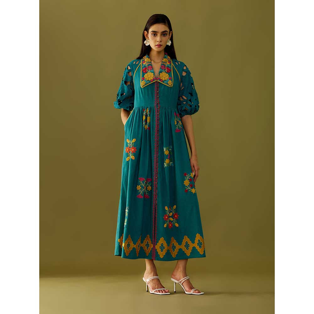 CHANDRIMA Teal Applique And Beadwork Midi Dress
