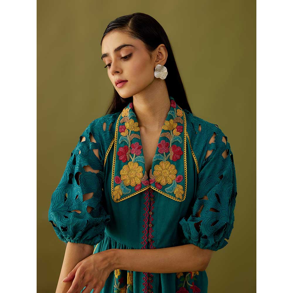CHANDRIMA Teal Applique And Beadwork Midi Dress