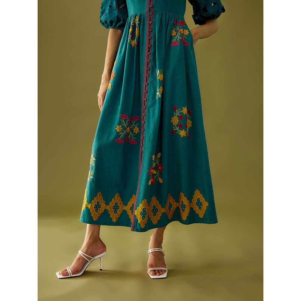 CHANDRIMA Teal Applique And Beadwork Midi Dress