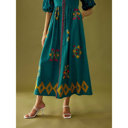 CHANDRIMA Teal Applique And Beadwork Midi Dress