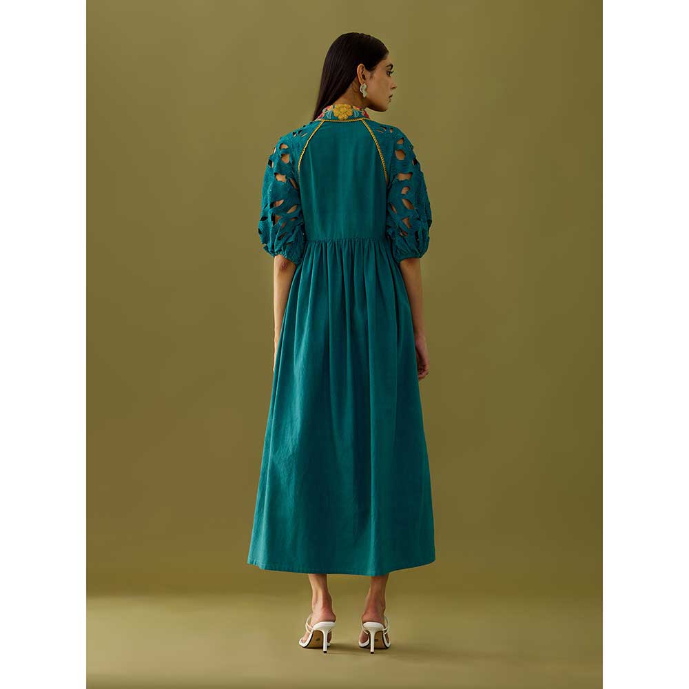 CHANDRIMA Teal Applique And Beadwork Midi Dress