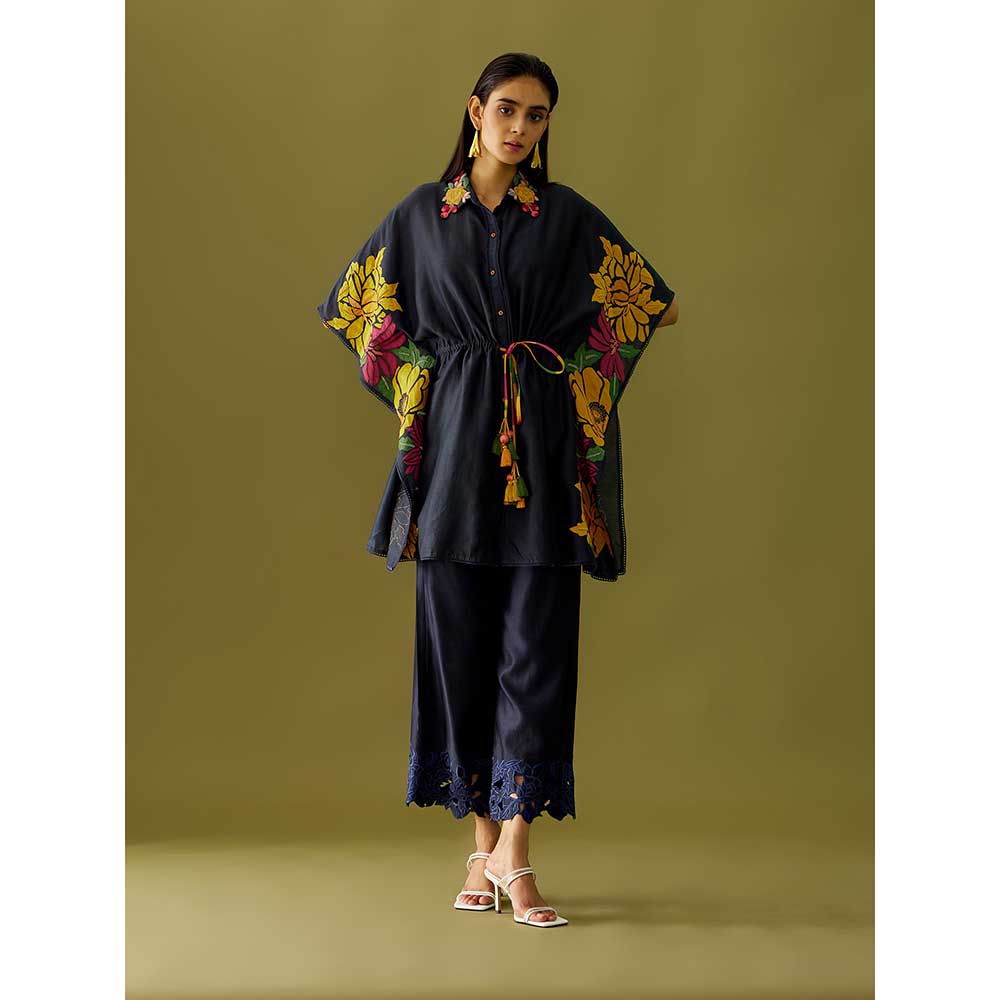 CHANDRIMA Indigo Applique And Beadwork Kaftan Shirt