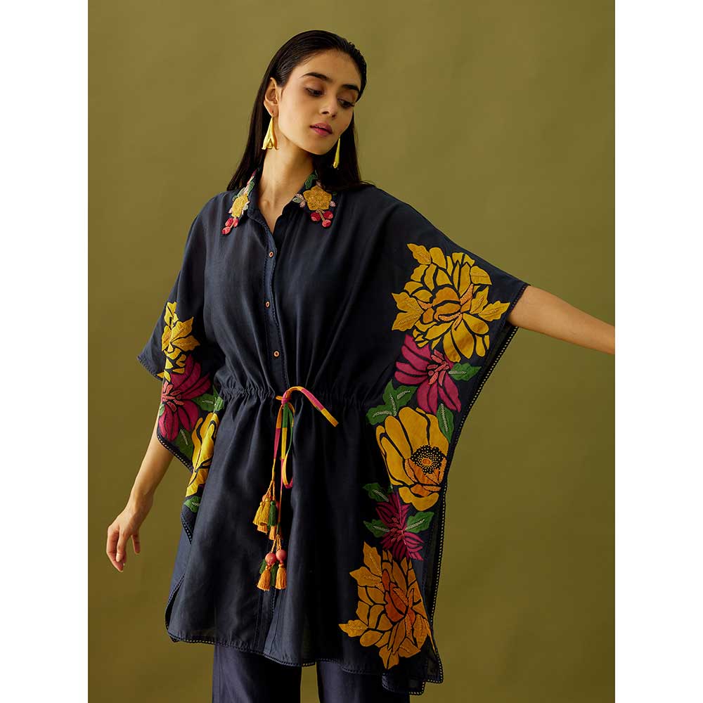 CHANDRIMA Indigo Applique And Beadwork Kaftan Shirt