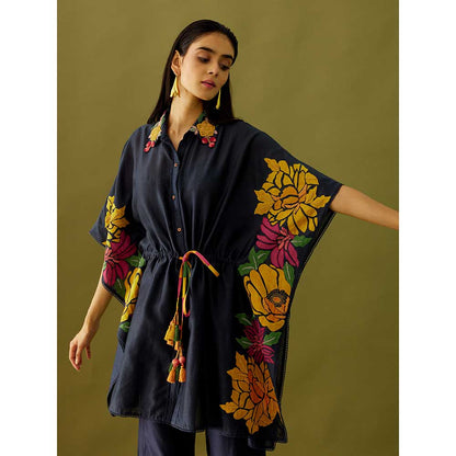 CHANDRIMA Indigo Applique And Beadwork Kaftan Shirt
