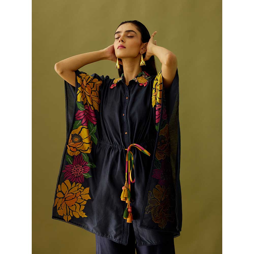 CHANDRIMA Indigo Applique And Beadwork Kaftan Shirt