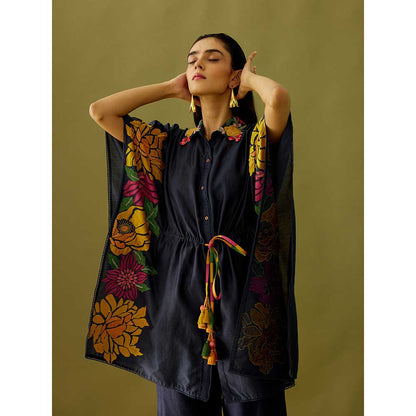 CHANDRIMA Indigo Applique And Beadwork Kaftan Shirt