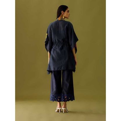 CHANDRIMA Indigo Applique And Beadwork Kaftan Shirt