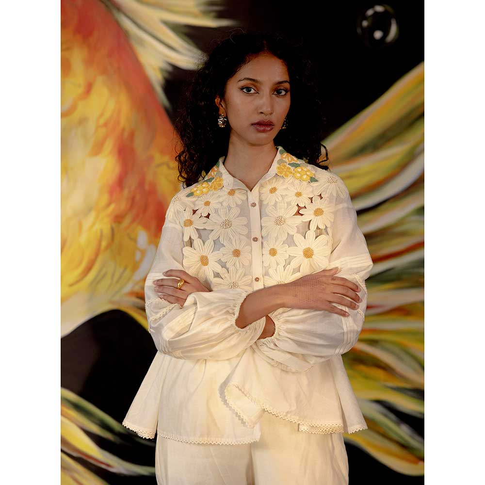 CHANDRIMA Ivory Chanderi Daisy Shirt