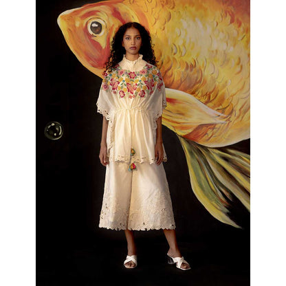 CHANDRIMA Ivory Smocked Applique And Beadwork Kaftan