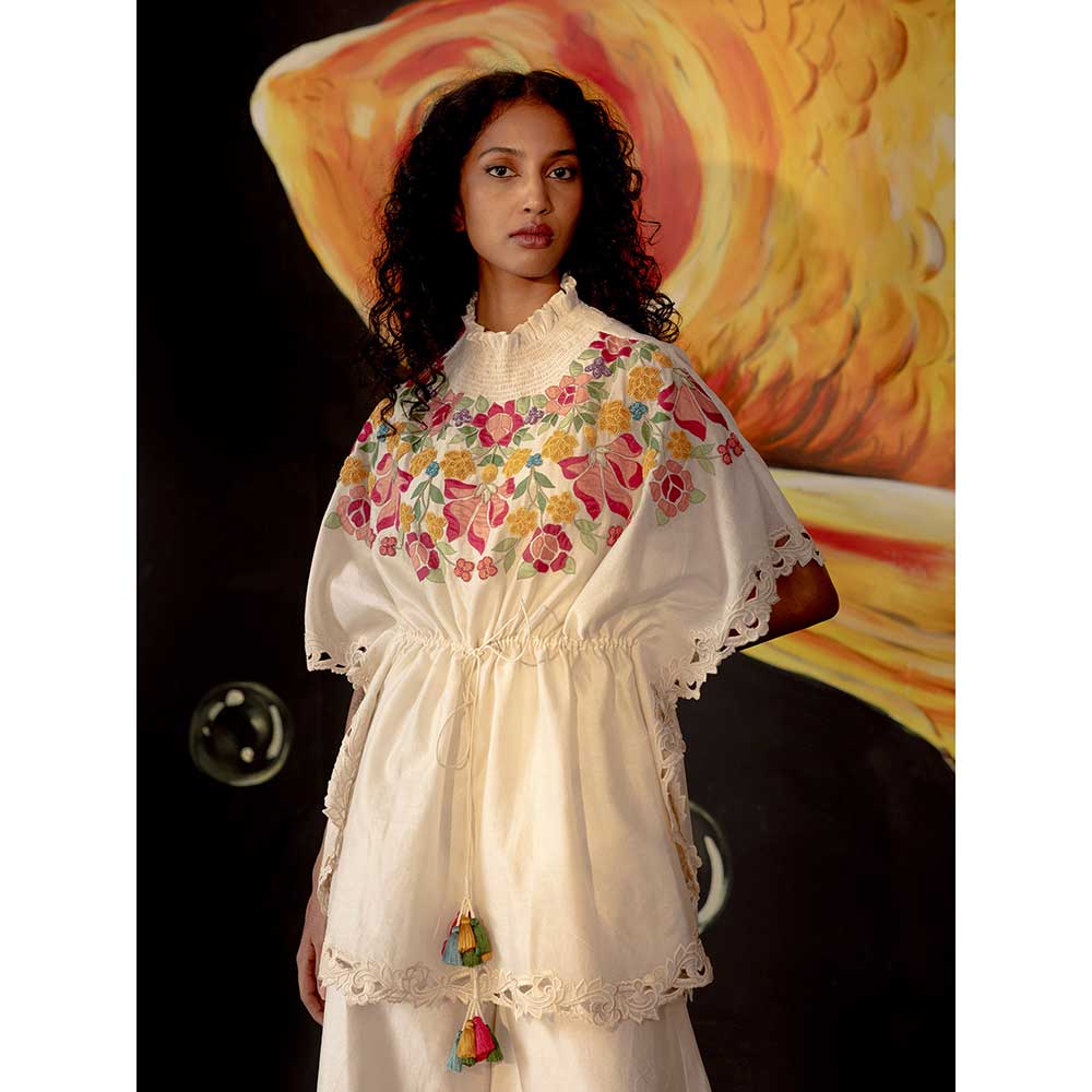 CHANDRIMA Ivory Smocked Applique And Beadwork Kaftan
