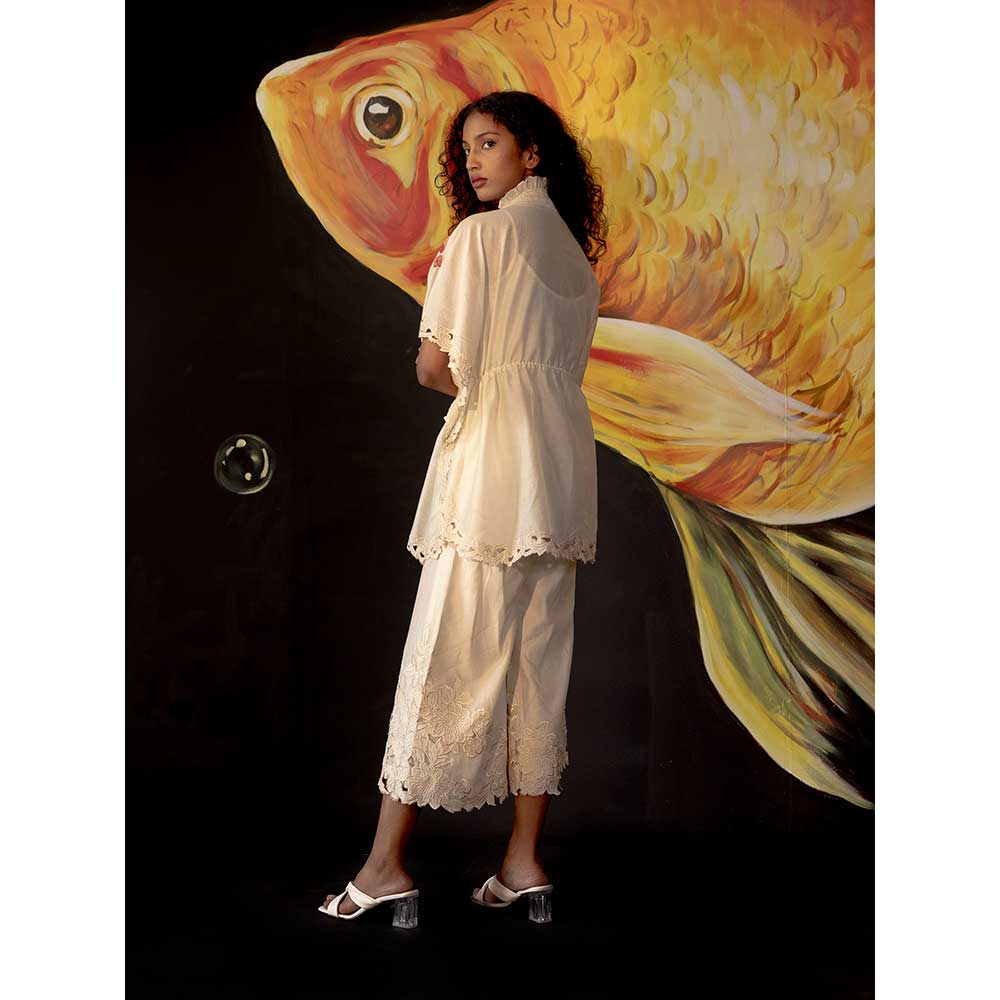 CHANDRIMA Ivory Smocked Applique And Beadwork Kaftan