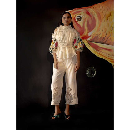 CHANDRIMA Ivory Applique Ruched Cold Shoulder Top