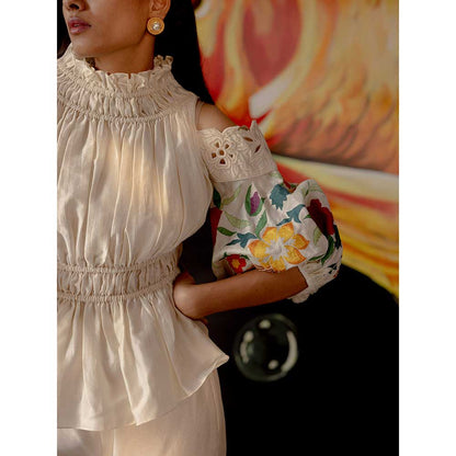 CHANDRIMA Ivory Applique Ruched Cold Shoulder Top