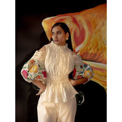 CHANDRIMA Ivory Applique Ruched Cold Shoulder Top