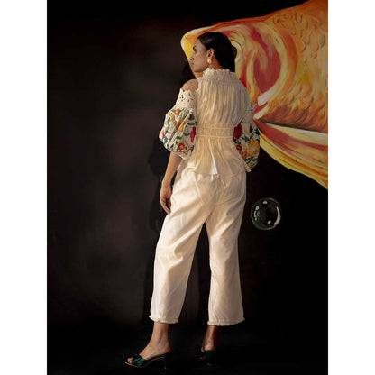 CHANDRIMA Ivory Applique Ruched Cold Shoulder Top