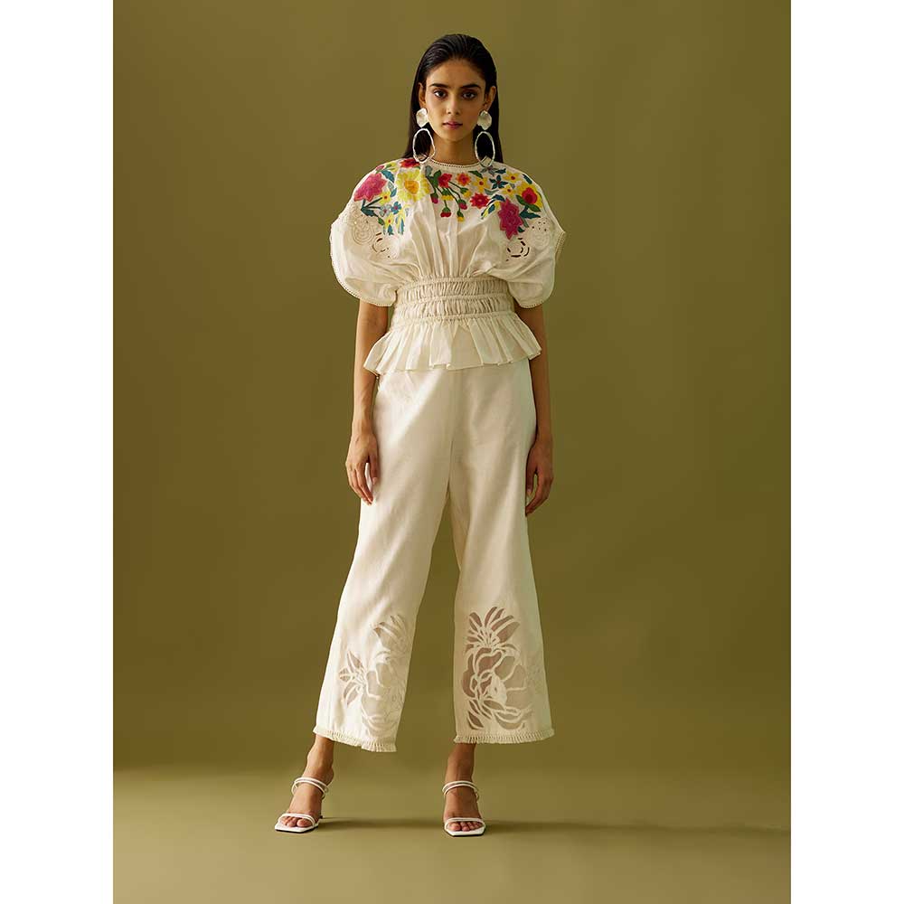 CHANDRIMA Ivory Applique Ruched Waist Top