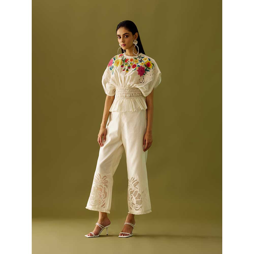 CHANDRIMA Ivory Applique Ruched Waist Top