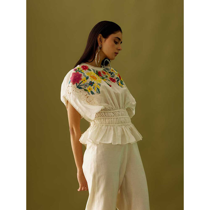 CHANDRIMA Ivory Applique Ruched Waist Top