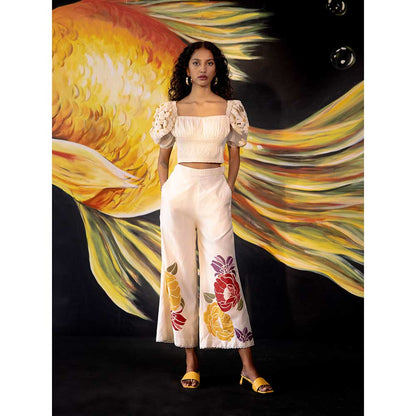 CHANDRIMA Ivory Daisy Ruched Top