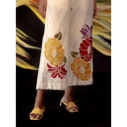 CHANDRIMA Ivory Floral Applique Pants