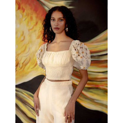 CHANDRIMA Ivory Floral Applique Pants