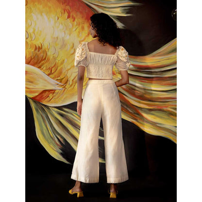 CHANDRIMA Ivory Floral Applique Pants