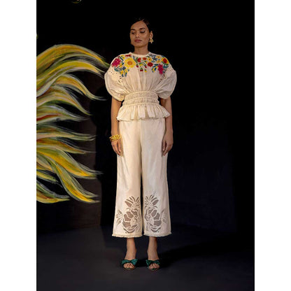 CHANDRIMA Ivory Chanderi Applique Pants