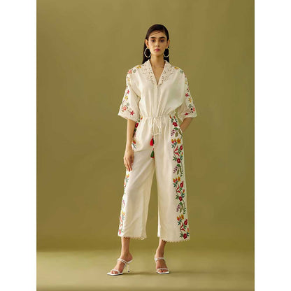 CHANDRIMA Ivory Applique And Beadwork Jumpsuit