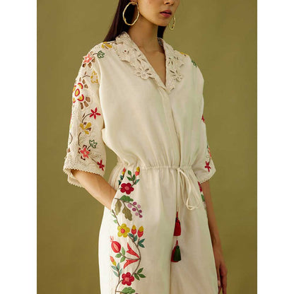 CHANDRIMA Ivory Applique And Beadwork Jumpsuit