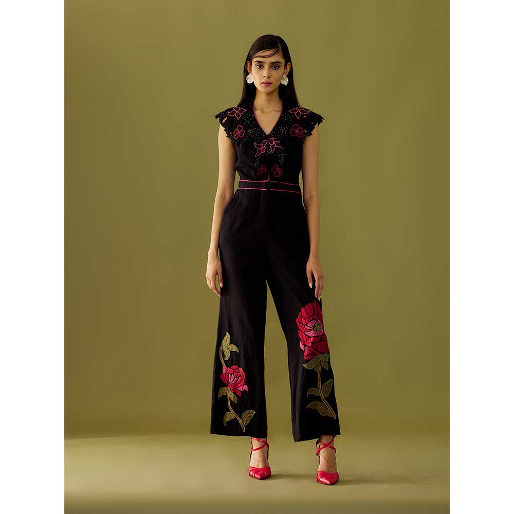 CHANDRIMA Black Floral Applique And Beadwork Kala Cotton Jumpsuit