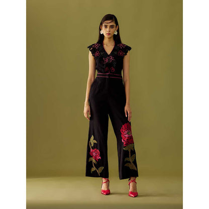 CHANDRIMA Black Floral Applique And Beadwork Kala Cotton Jumpsuit