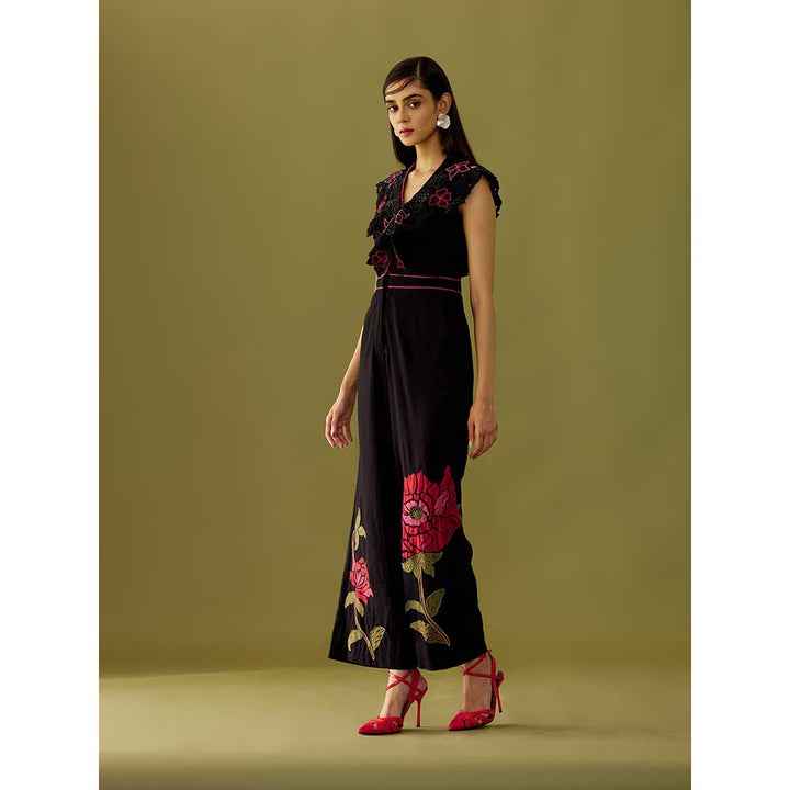 CHANDRIMA Black Floral Applique And Beadwork Kala Cotton Jumpsuit