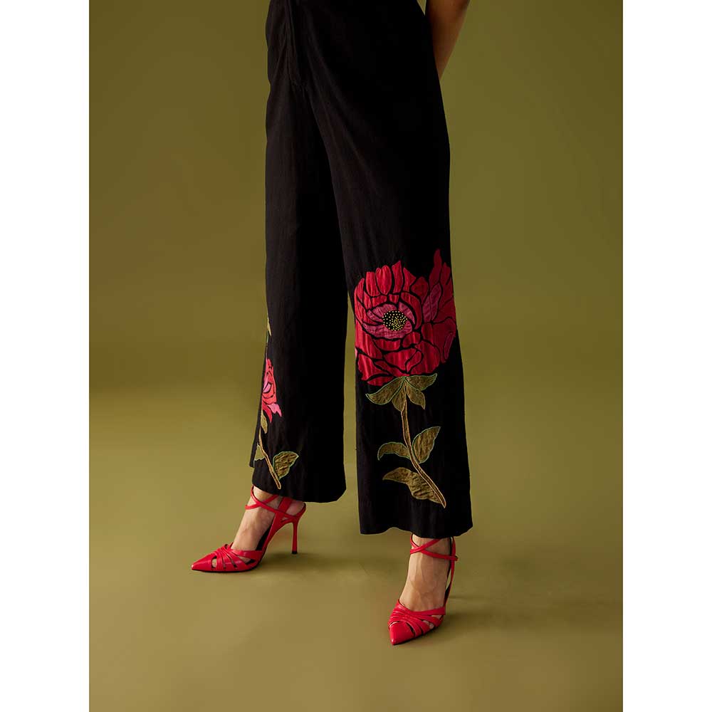 CHANDRIMA Black Floral Applique And Beadwork Kala Cotton Jumpsuit